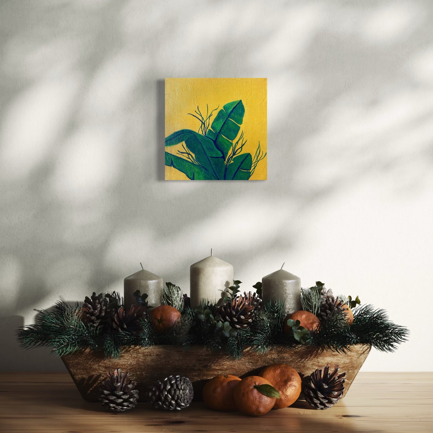 Green Leaves on Warm Yellow – Original 20 × 20 cm Canvas Painting