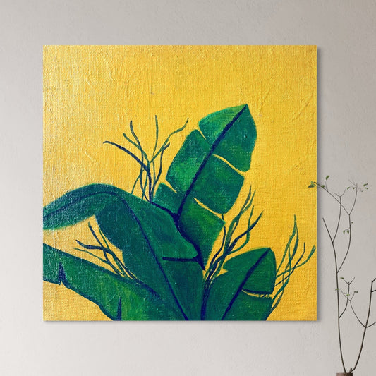 Green Leaves on Warm Yellow – Original 20 × 20 cm Canvas Painting