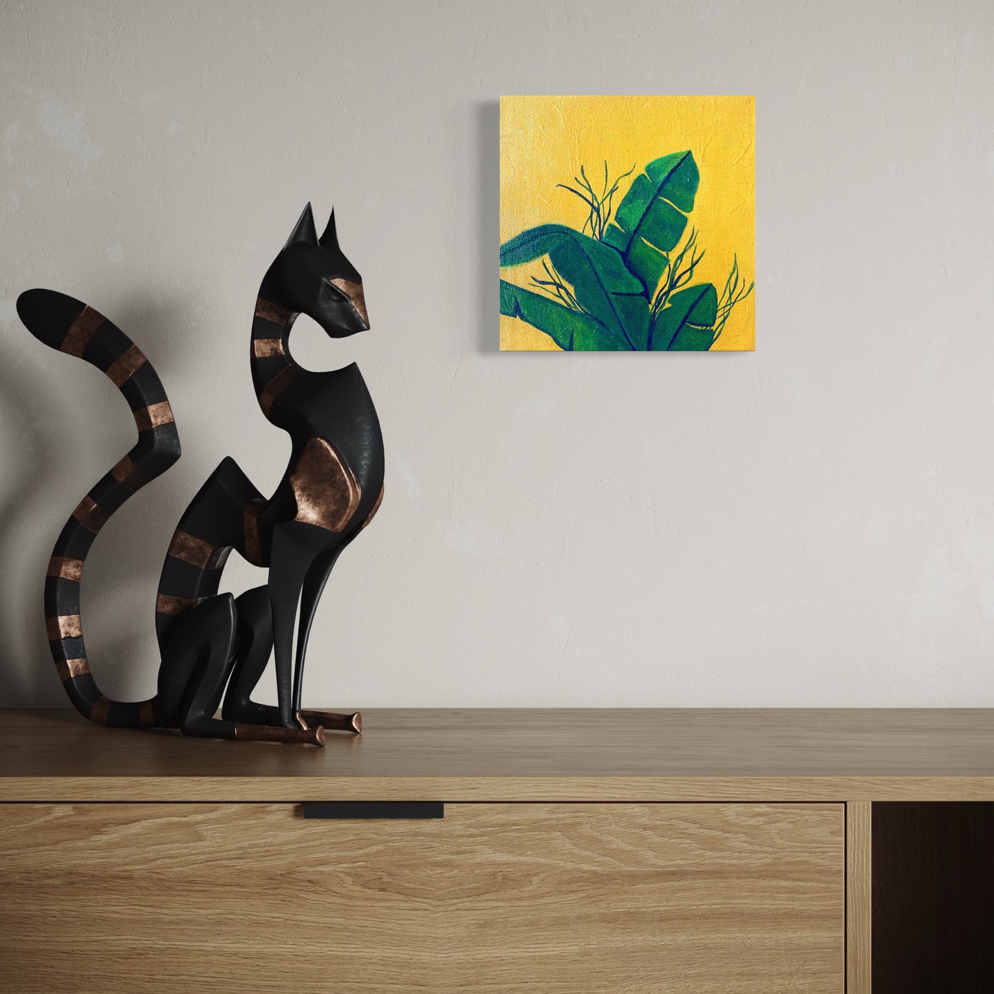 Green Leaves on Warm Yellow – Original 20 × 20 cm Canvas Painting