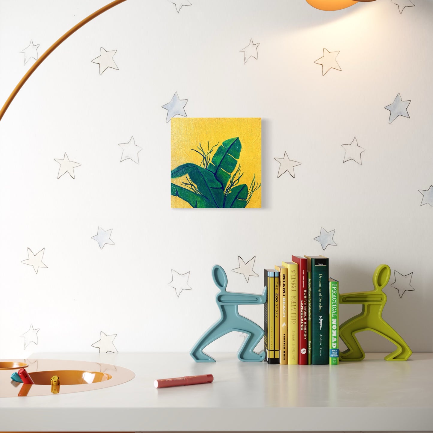 Green Leaves on Warm Yellow – Original 20 × 20 cm Canvas Painting